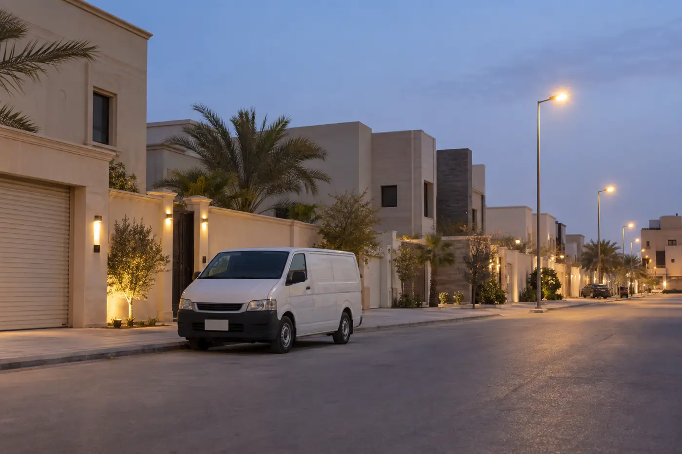 شارع سكني في الرياض مساءً وسيارة خدمة بيضاء واقفة أمام فيلا