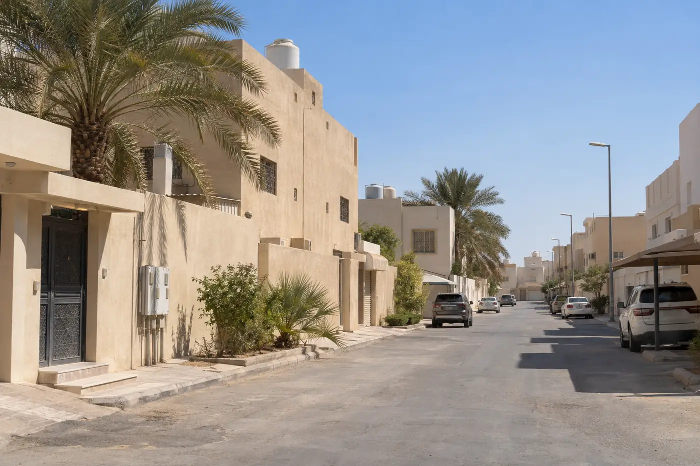 شارع سكني في جنوب الرياض ببيوت من دورين حيث تبدأ مكافحة حشرات البيوت القديمة من الصرف والحوش